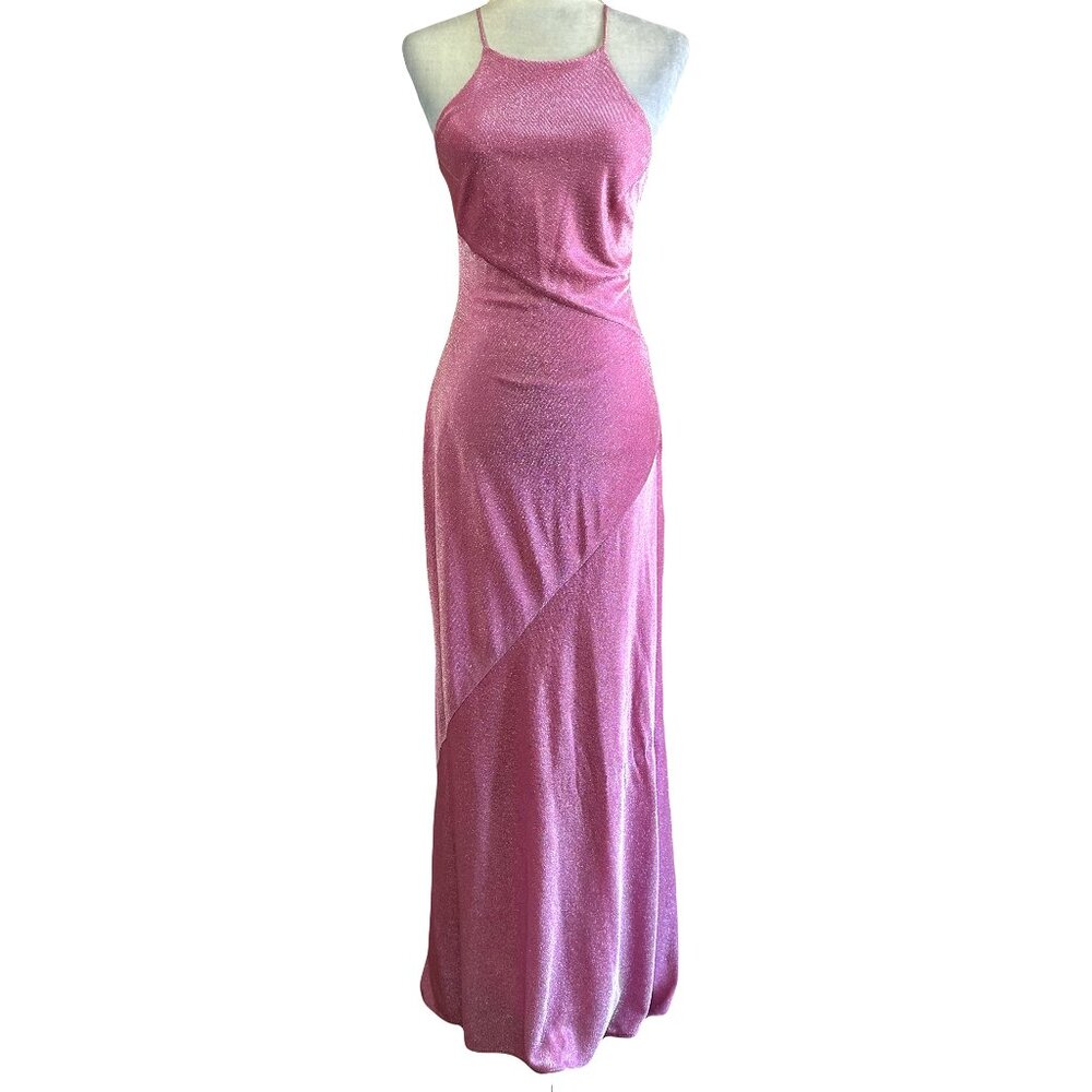 De Laru by Sheila Yen Vtg 90s Pink Glitter Halter Corset Prom Dress